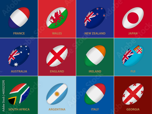 12 Flags in the Style of a Rugby Ball. Flag of Rugby U20 Competition Participants.