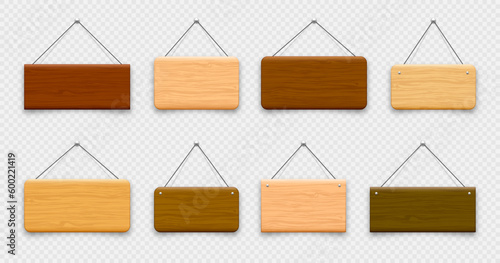 Wooden hanging signboards. Made of wood door sign for cafe, restaurant, bar or retail store. Announcement banner, information signage for business or service. Vector illustration