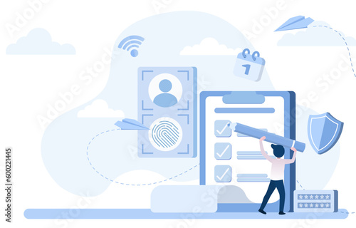 Businessman with large pencil checklist on paper dashboard. Presented questionnaires, checklists, personal data protection policy. Start and manage job protection. Vector illustration with copy space.