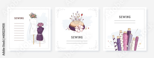 Square banner templates for greeting card and social media mobile apps. Sewing equipment and needlework. Vector illustration of pin cushion, mannequin and flowers