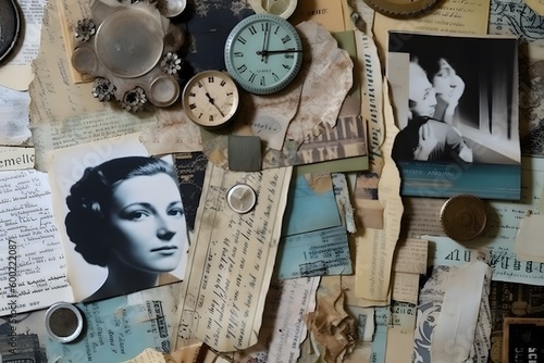 Combined various materials like paper scraps, photos or found objects together into a cohesive composition that can be used as a modern background graphic. Generative Ai.