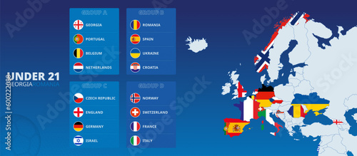 Europe map with highlighted Under 21 European football tournament 2023 participants countries. Flag collection sorted by group.