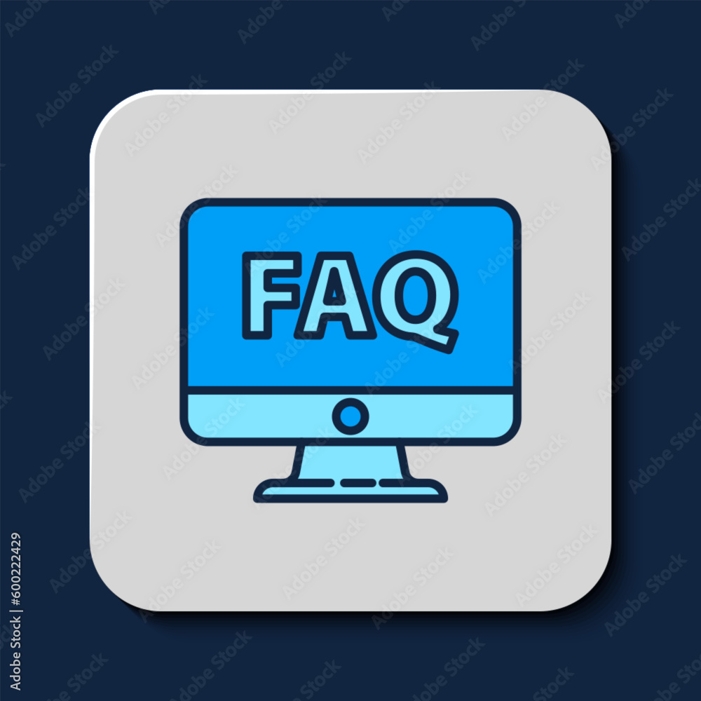 Filled outline Computer monitor and FAQ icon isolated on blue background. Adjusting, service, setting, maintenance, repair, fixing. Vector Filled outline Computer monitor and FAQ icon isolated on blue background. Adjusting, service, setting, maintenance, repair, fixing. Vector