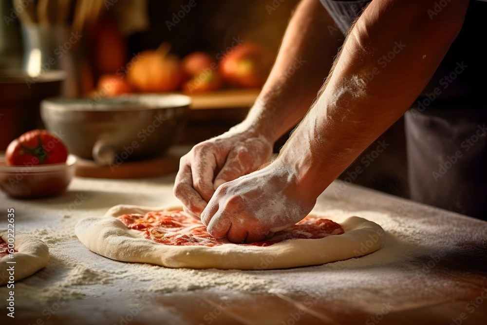 A chef prepares a fresh pizza by putting tomato sauce and topping onto dough before cooking. Kitchen in the background. Generative AI.
