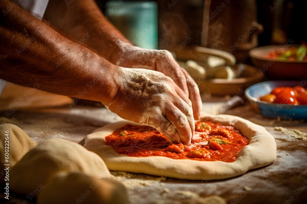 Freshly made pizza dough has been rolled out and toppings are being applied by two hands. Tomato sauce is already on there. Generative AI.