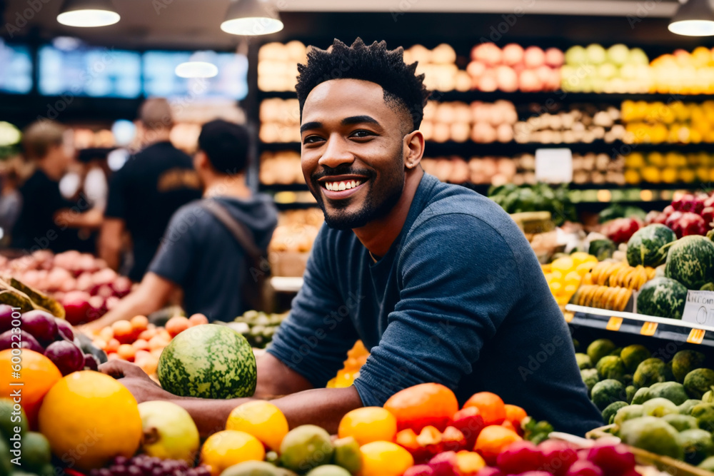 Portrait of happy smiling Buyer enjoys shopping time at fruit counter in a grocery supermarket. Generative AI Portrait of happy smiling Buyer enjoys shopping time at fruit counter in a grocery supermarket. Generative AI