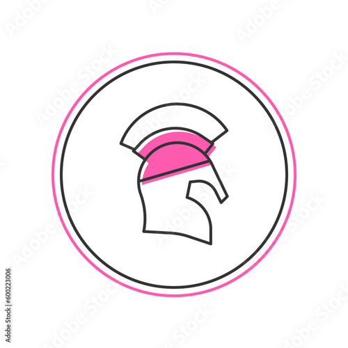 Filled outline Greek helmet icon isolated on white background. Antiques helmet for head protection soldiers with a crest of feathers or horsehair. Vector