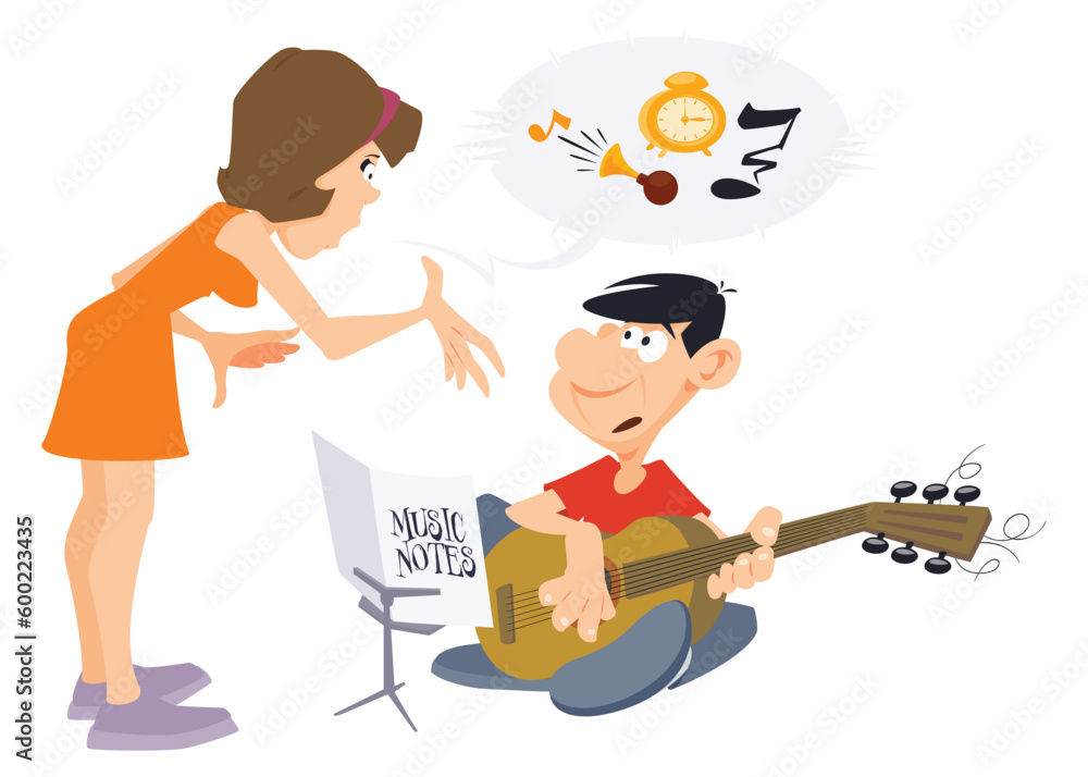 Fototapeta premium Girl scolds guy with guitar. Illustration for internet and mobile website.