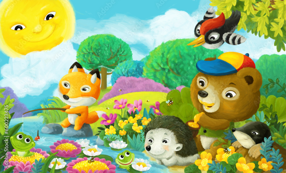 cartoon scene forest animals friends fishing illustration cartoon scene forest animals friends fishing illustration