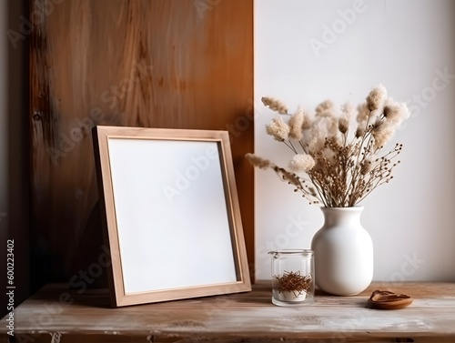 Dried statice flower in a vase by an empty wooden frame on a wooden surface. Frame design template. Mockup for design presentation. Generative Ai.