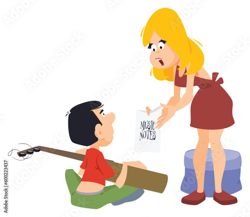 Girl scolds guy with guitar. Illustration for internet and mobile website.