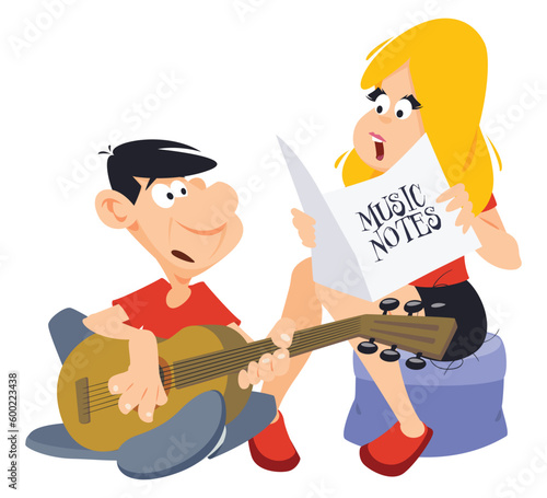 Girl scolds guy with guitar. Illustration for internet and mobile website.
