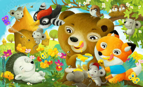cartoon scene forest animals the forest eating honey