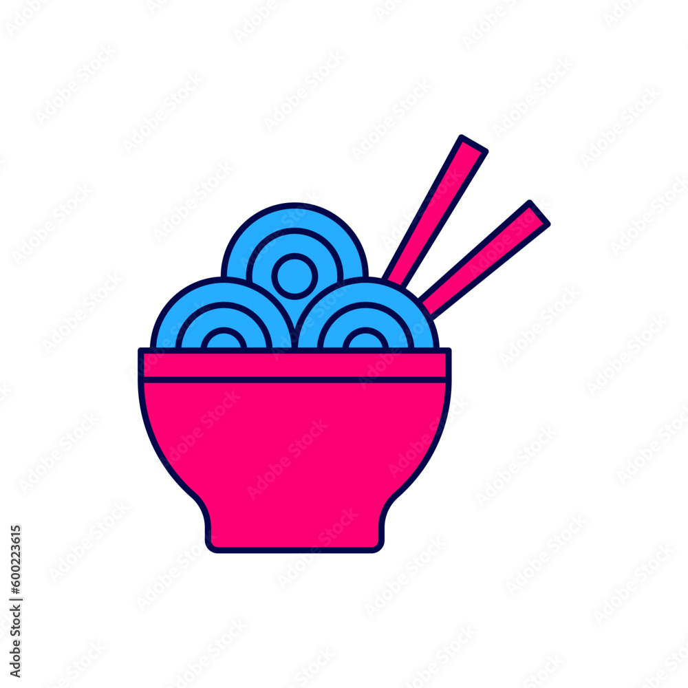 Filled outline Asian noodles in bowl and chopsticks icon isolated on white background. Street fast food. Korean, Japanese, Chinese food. Vector Filled outline Asian noodles in bowl and chopsticks icon isolated on white background. Street fast food. Korean, Japanese, Chinese food. Vector