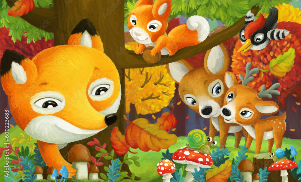 Naklejka premium cartoon scene forest animals friends having fun
