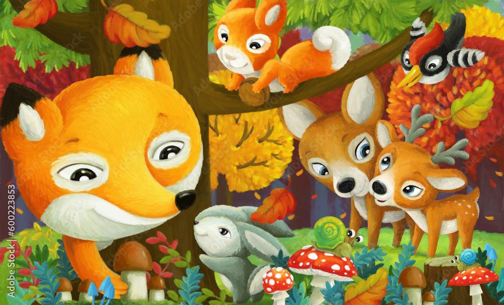 cartoon scene forest animals friends having fun cartoon scene forest animals friends having fun