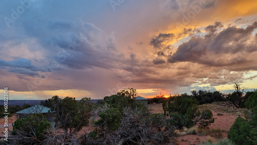 Thunderstorm rolling over the desert landscape at dusk near Moab, Utah