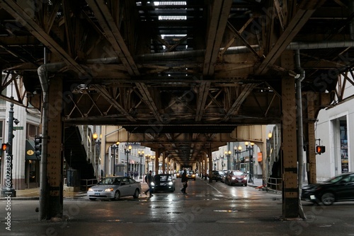 Retro vintage look of the elevated train tracks in the loop - downtown, Chicago