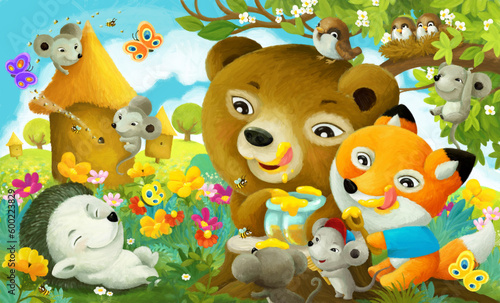 cartoon scene with animals friends eating honey