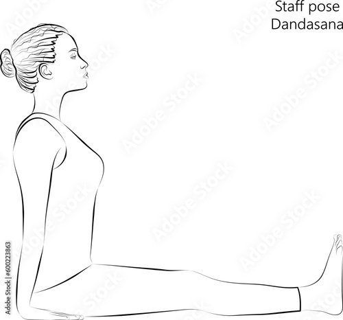 Sketch of young woman practicing yoga, doing Staff pose or Stick pose. Dandasana. Seated and Neutral. Beginner. Vector illustration isolated on transparent background.