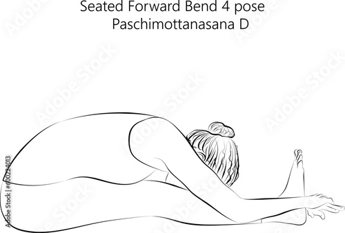 Sketch of young woman practicing yoga, doing Seated Forward Bend 4 pose or Intense West Stretch. Paschimottanasana D. Seated and Forward Bend. Vector illustration isolated on transparent background.