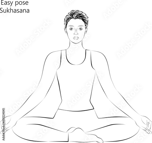 Sketch of young woman practicing yoga, doing Easy pose. Sukhasana. Seated and Neutral. Beginner. Vector illustration isolated on transparent background.