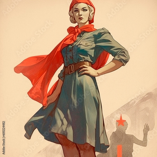 Image of a girl in propaganda drawing style. High quality illustration Generative AI