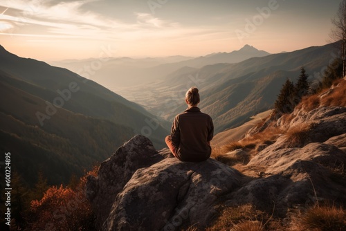 Mountain Meditation  A female woman doing yoga on a mountaintop with a beautiful landscape in the background. Generative Ai.