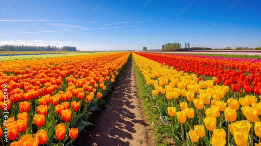 Tulip fields at sunrise A stunning nature landscape with vibrant colors and warm tones AI Generative, from website backgrounds and marketing materials to inspirational posters and home decor