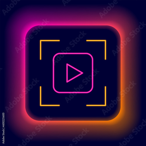 Glowing neon line Camera focus frame line icon isolated on black background. Colorful outline concept. Vector