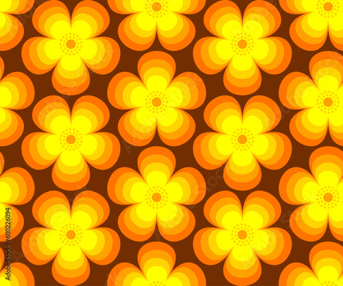 Retro floral, Mid Century modern flowers in orange, yellow, brown colors, 1970s mod style, seamless vector pattern