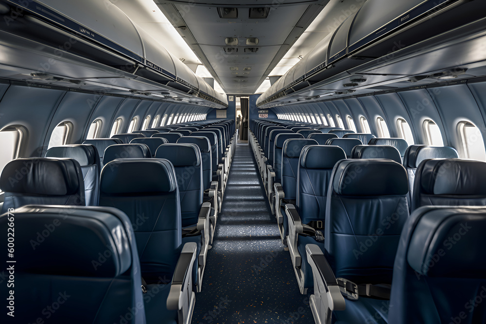 Fototapeta premium Interior of an empty modern airplane cabin in blue color, Generative AI