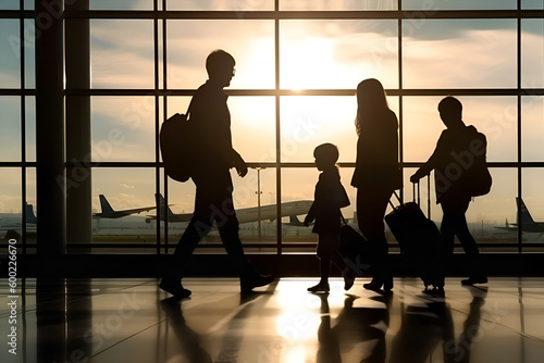 Silhouettes of people at the airport, the family is going to board the plane, Generative AI 1