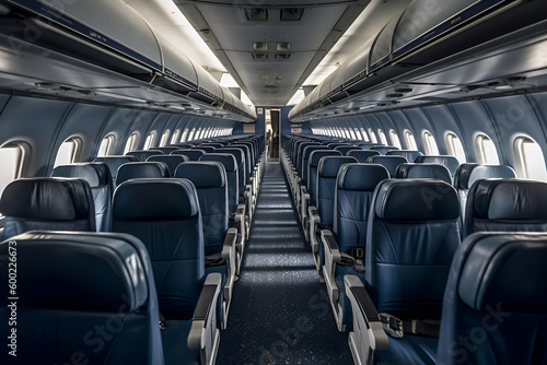 Interior of an empty modern airplane cabin in blue color, Generative AI