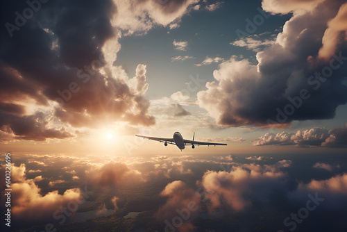 Airplane in the sky among the clouds at sunset, Generative AI