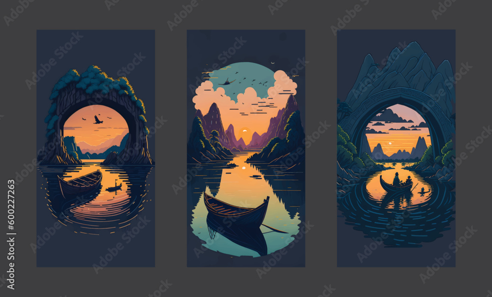 Naklejka premium A Boat In The River With Rocky Mountain Sunset Background, Illustration vector Design