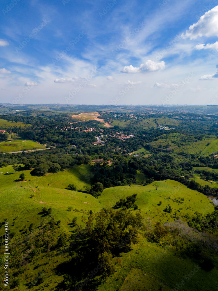 Aerial image of pine trees and houses in the middle of the forest in the interior of Brazil. Green, blue sky and immensity. City Joaquim Egidio next to Sousas.