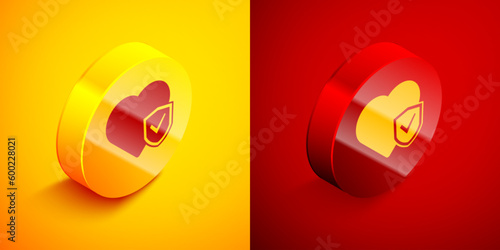 Isometric Life insurance with shield icon isolated on orange and red background. Security, safety, protection, protect concept. Circle button. Vector