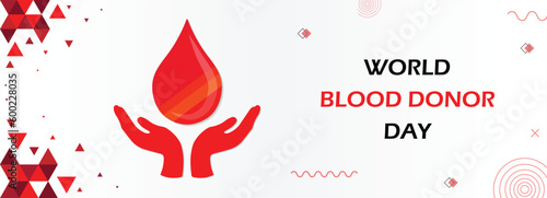 World blood donation month, blood donor day on June 14, red color geometric design with blood drop, encourage volunteers for charity event