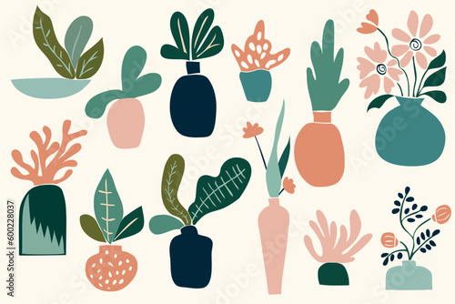 Unusual plants in pots in modernist style. Set of abstract cactus and leaves inspired by impressionism