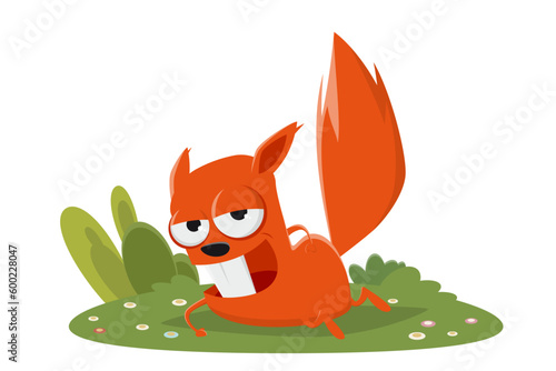 funny cartoon squirrel lying on the meadow