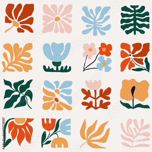 Unusual abstract shapes in modernist style. Set of square geometric tiles with plants, flowers and leaves inspired by impressionism