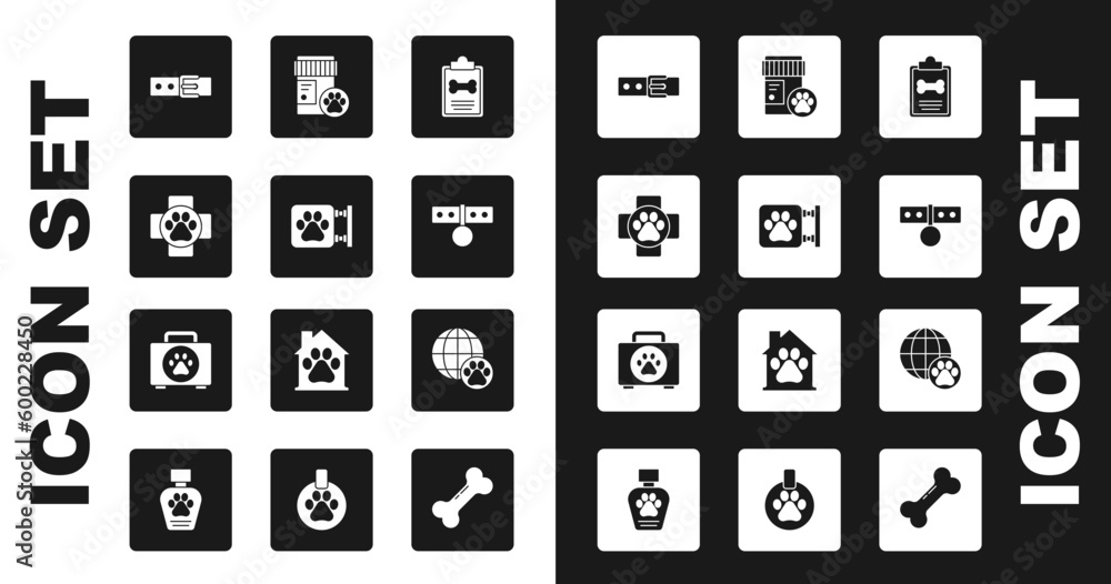 Set Clinical record pet, Veterinary clinic, Collar with name tag, Dog medicine bottle, World and Pet first aid kit icon. Vector Set Clinical record pet, Veterinary clinic, Collar with name tag, Dog medicine bottle, World and Pet first aid kit icon. Vector