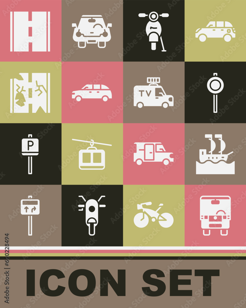 Set Bus, Sailboat, Road traffic signpost, Scooter, Hatchback car, Broken road, and TV News icon. Vector Set Bus, Sailboat, Road traffic signpost, Scooter, Hatchback car, Broken road, and TV News icon. Vector