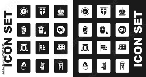 Set British crown, Coffee cup to go, Big Ben tower, Coin money with pound, breakfast, England flag pennant, Double decker bus and Stonehenge icon. Vector