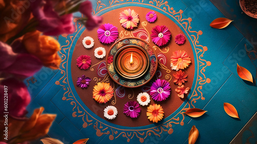 An overhead shot of a vibrant Rangoli design captured in beautiful traditional colors, with soft studio lighting and a serene morning time of day, Created with generative Ai Technology. 