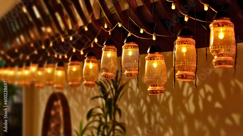 A mid-shot of decorative lights hanging on a wall, captured in contemporary style with the ambient room lighting, perfect for Diwali celebrations, Created with generative Ai Technology.