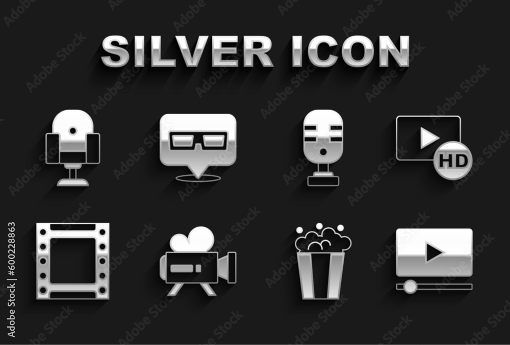 Set Retro cinema camera, Hd movie, tape, frame, Online play video, Popcorn cardboard box, Play, Microphone, Director chair and 3D glasses icon. Vector Set Retro cinema camera, Hd movie, tape, frame, Online play video, Popcorn cardboard box, Play, Microphone, Director chair and 3D glasses icon. Vector