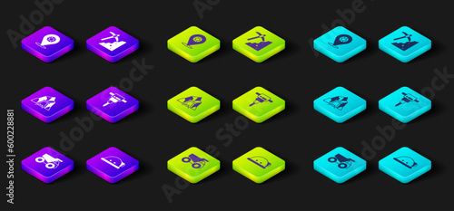 Set Mining dump truck, Miner helmet, entrance, Construction jackhammer, Pickaxe and Gem stone icon. Vector