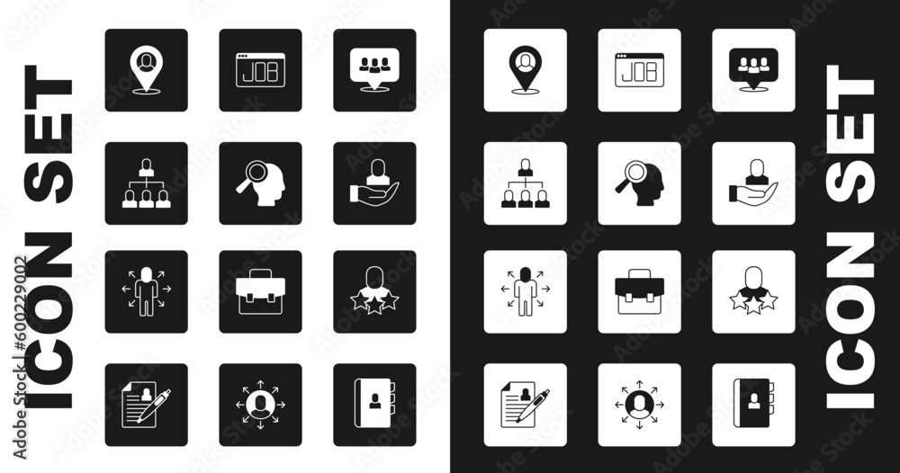 Set Project team base, Magnifying glass for search job, Employee hierarchy, Worker location, Search, Productive human and Multitasking manager working icon. Vector Set Project team base, Magnifying glass for search job, Employee hierarchy, Worker location, Search, Productive human and Multitasking manager working icon. Vector